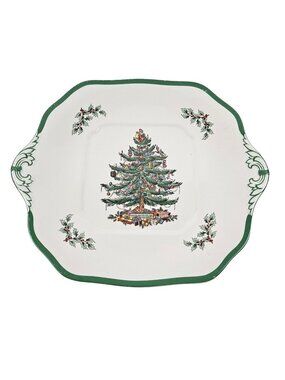 Spode Christmas Tree Handled Cake Plate S3324F England Green Trim Indent